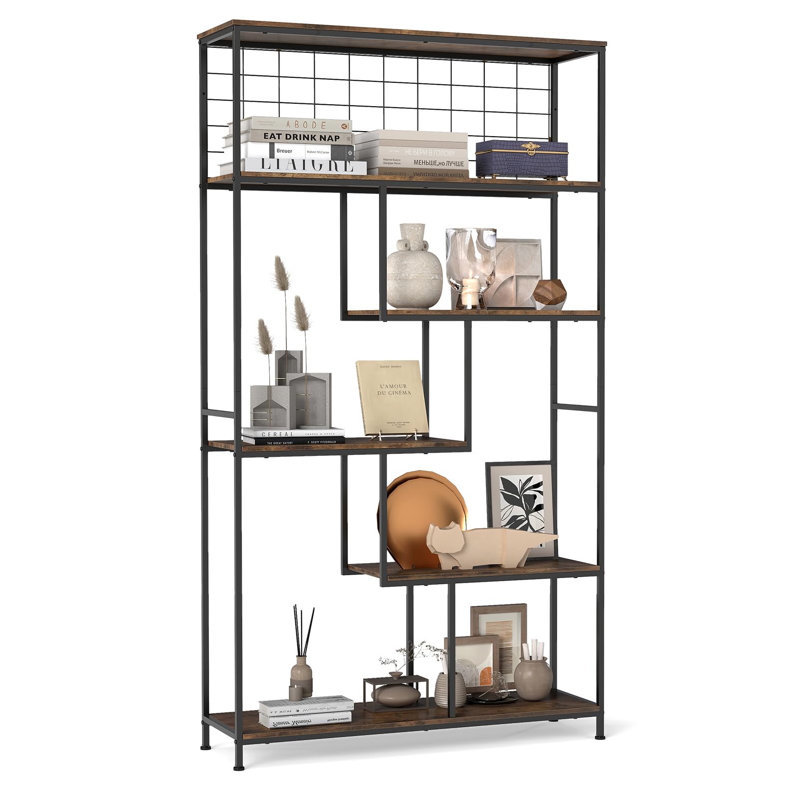 GOPLUS Estantería Alta de 6 Niveles, Librería Industrial de Madera con 6 Compartimentos, Rejilla Metálica, Dispositivo Antivuelco, Soporte Vertical Escalonado para Plantas, para Oficina, Salón