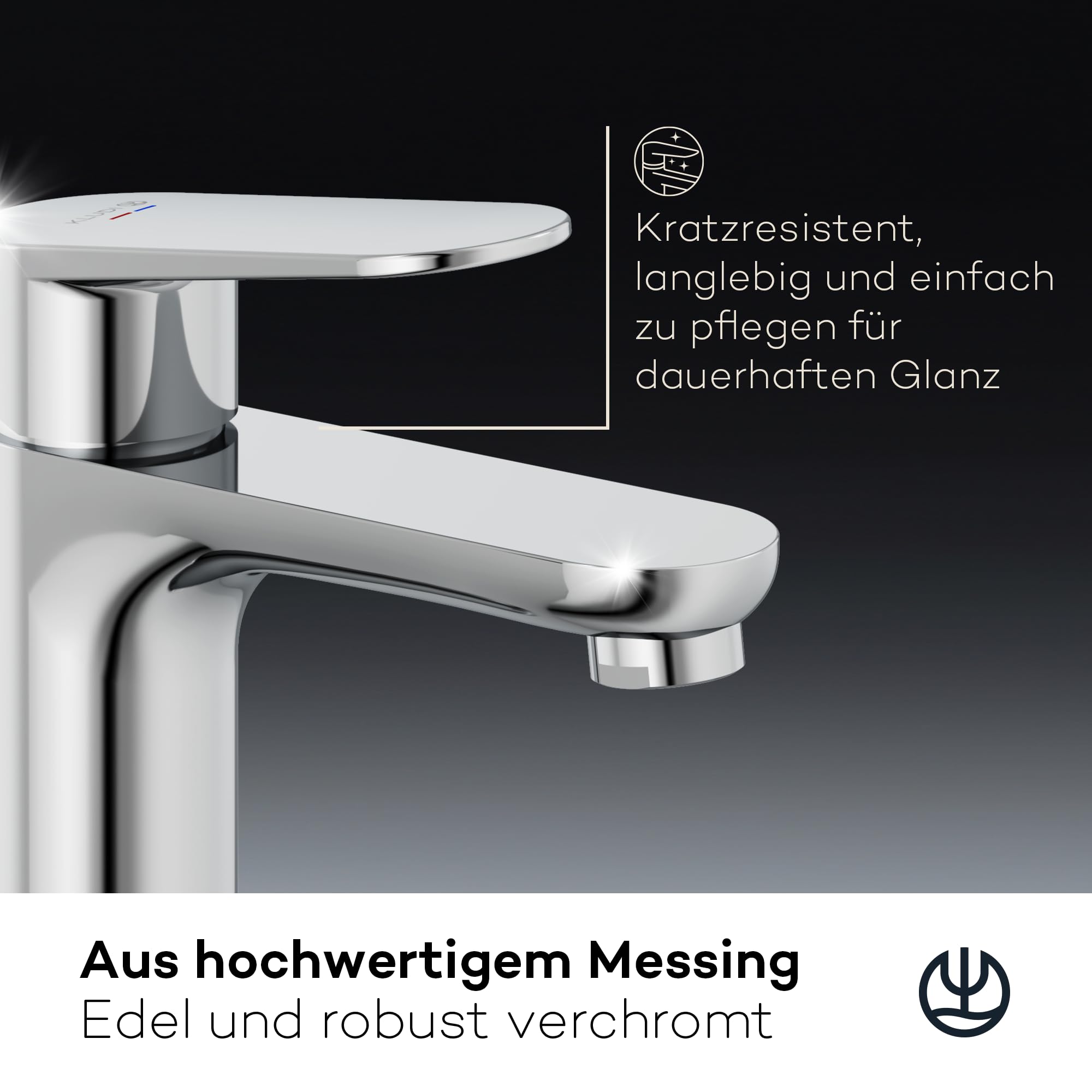 KLUDI-X1 Wasserhahn Bad mit Zugstangen-Ablauf, Auslaufhöhe 75 mm, wassersparende Waschtischarmatur Größe S, Keramikkartusche, Mischbatterie Waschbecken inkl. Anschlussschläuche in Chrom