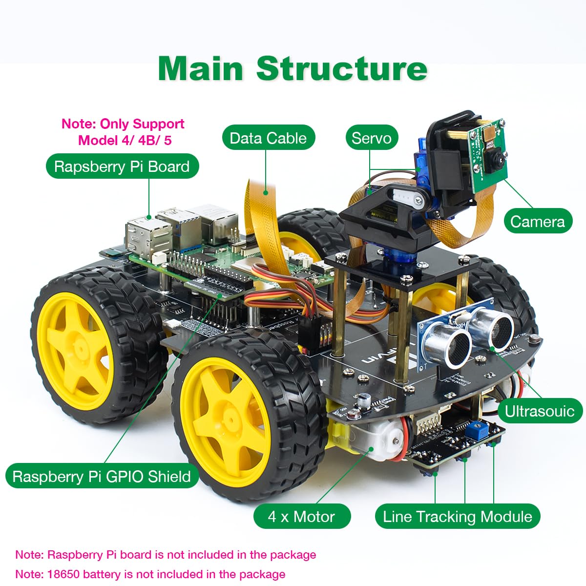 LAFVIN Kit de voiture intelligente 4WD pour Raspberry Pi 5/4B/3B+/3B/2B/1B+ avec tutoriel, robot intelligent multifonction avec appareil photo (Raspberry Pi non inclus)