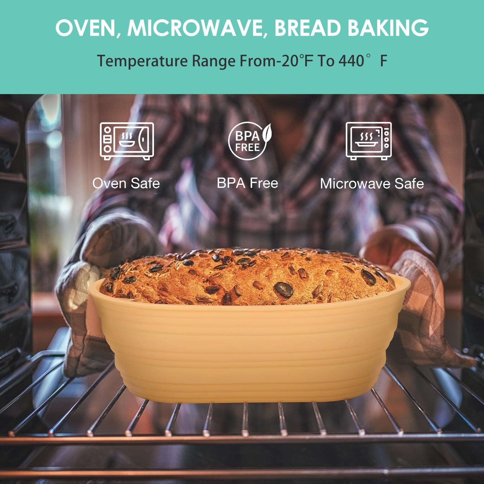 Germand van siliconen, set van 7 stuks voor het bakken (hittebestendig, inklapbaar) met rijsmandjes voor ovale brood, spatels, kwast, accessoires voor oven en airfryer (groen
