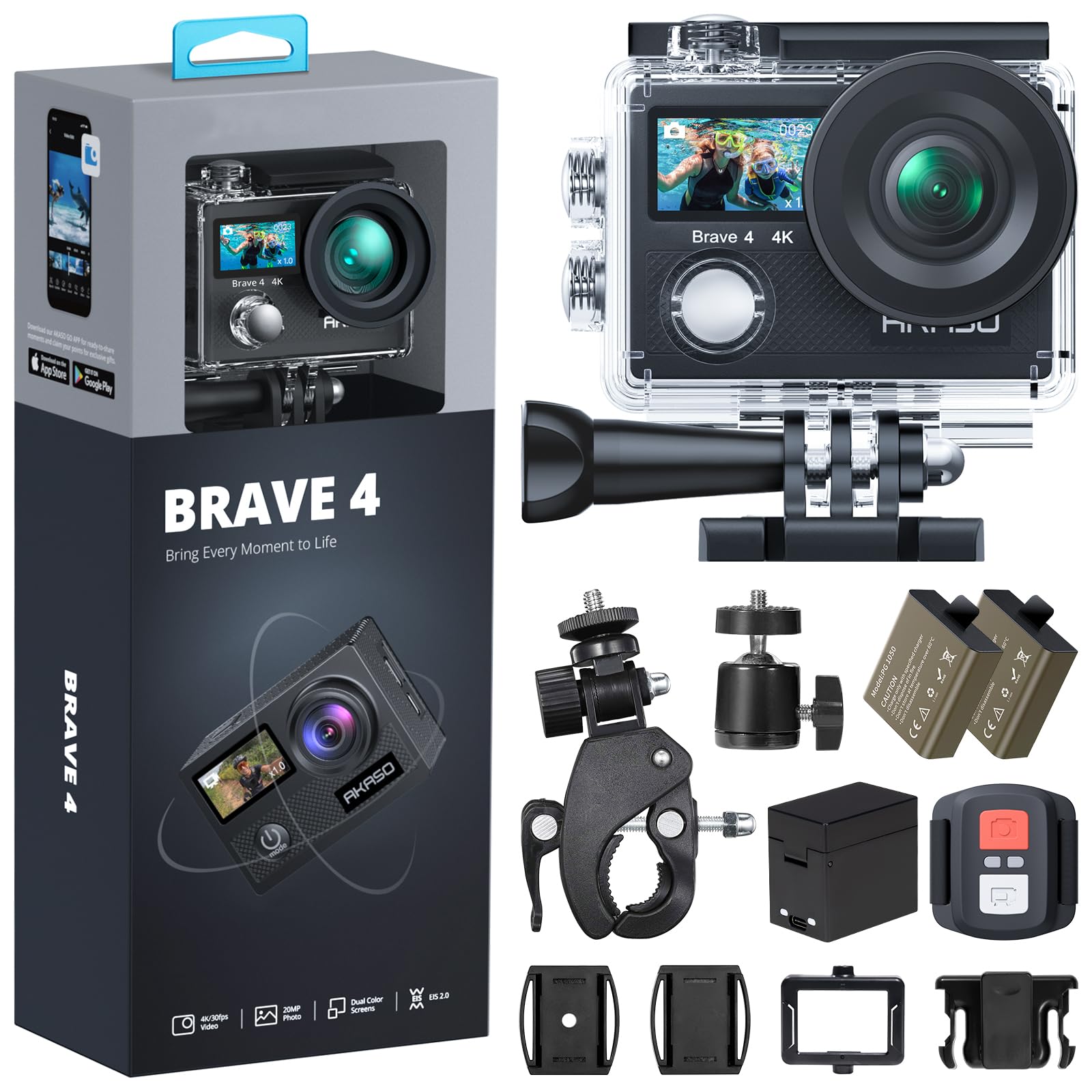AKASO Cámara Deportiva WiFi 4K 20MP 5xZoom Cámara Acuática Sumergible de 30M con Control Remoto Ultra HD Estabilizador 2 Baterías Accesorios Multiples 2'' Pantalla LCD (Brave 4) | Cámara Acuática Sumergible 30M, con 2'' Pantalla, Estabilizador, modo de co