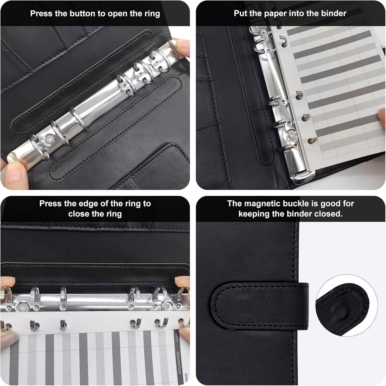 A5 Binder 6 Ring,Mini Photocard Binder for A5 Filler Paper, Loose Leaf Personal Planner with Magnetic Buckle Closure(Black)