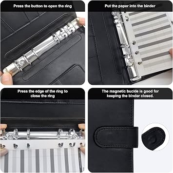 A5 Binder 6 Ring,Mini Photocard Binder for A5 Filler Paper, Loose Leaf Personal Planner with Magnetic Buckle Closure(Black)