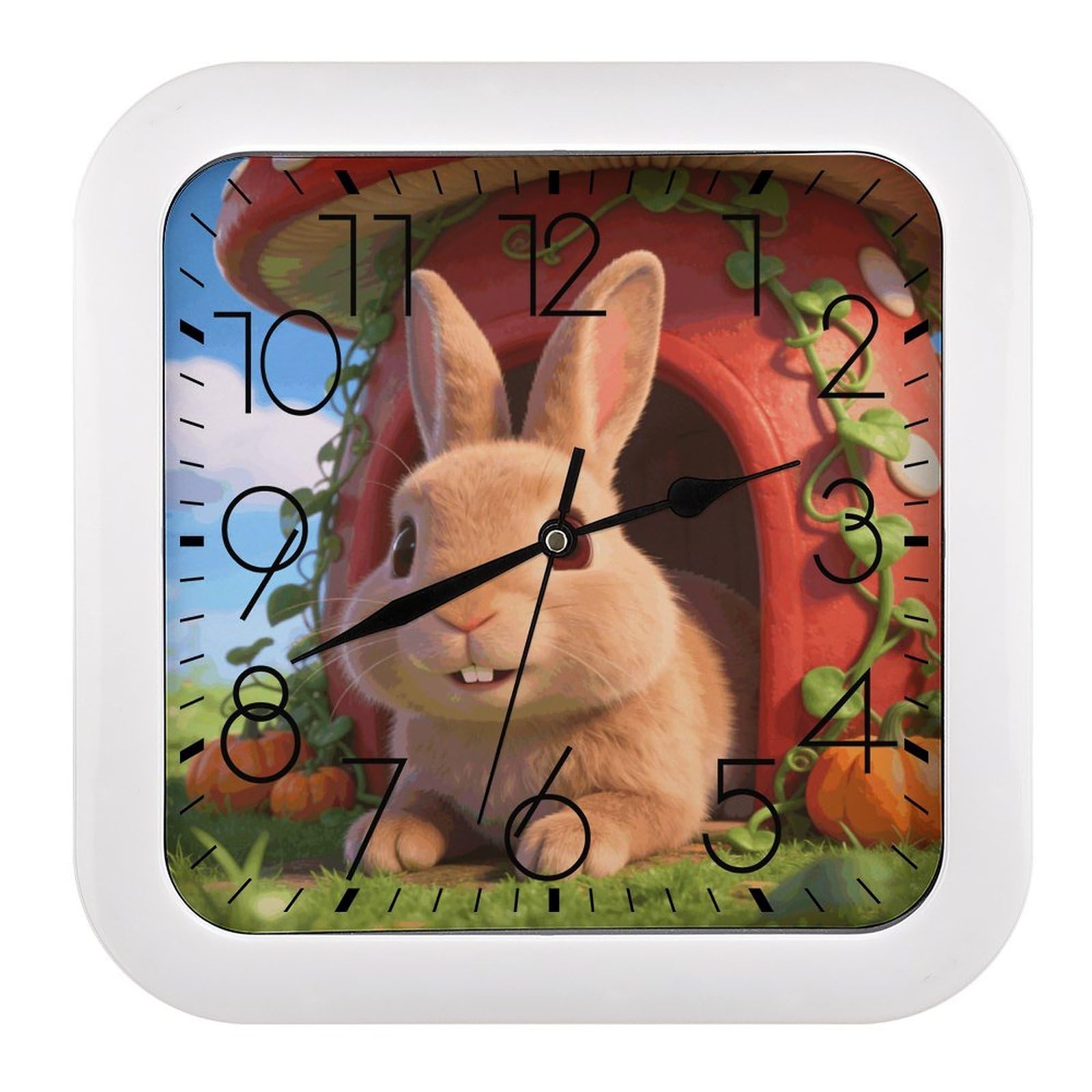 Horloge murale carrée de jardin lapin pour décorer un salon chaleureux