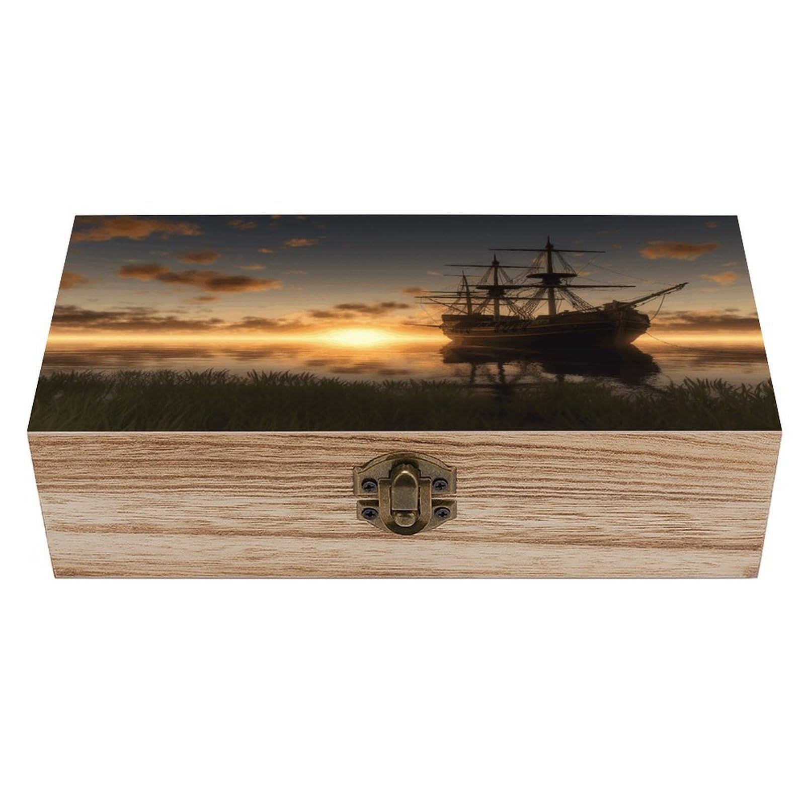 Adfgyerh Style Ship In The Lake Sunset Bins Solid Wood，Jewelry Box Retro And Exquisite，Storage Box Used For Storing Photos, Souvenirs, Letters, Gifts, And Jewelry.
