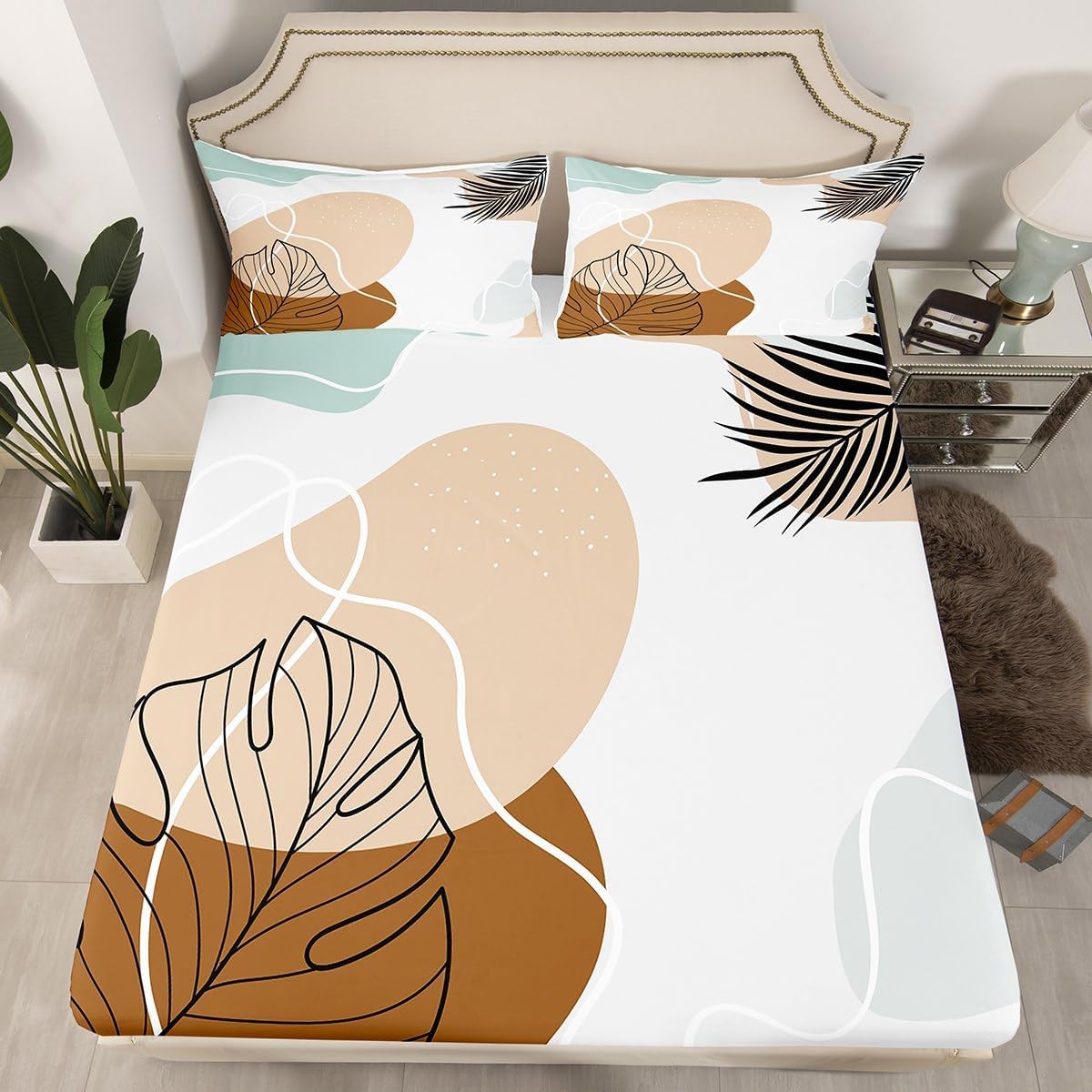 Erosebridal Palm Tree Leaves Bed Sheets Queen Tropical Botanical Bedding Set Hawaiian Monstera Banana Leaf Fitted Sheet Summer Retro Plant Fitted Bed Sheet Gold Green Rainforest Room Decor