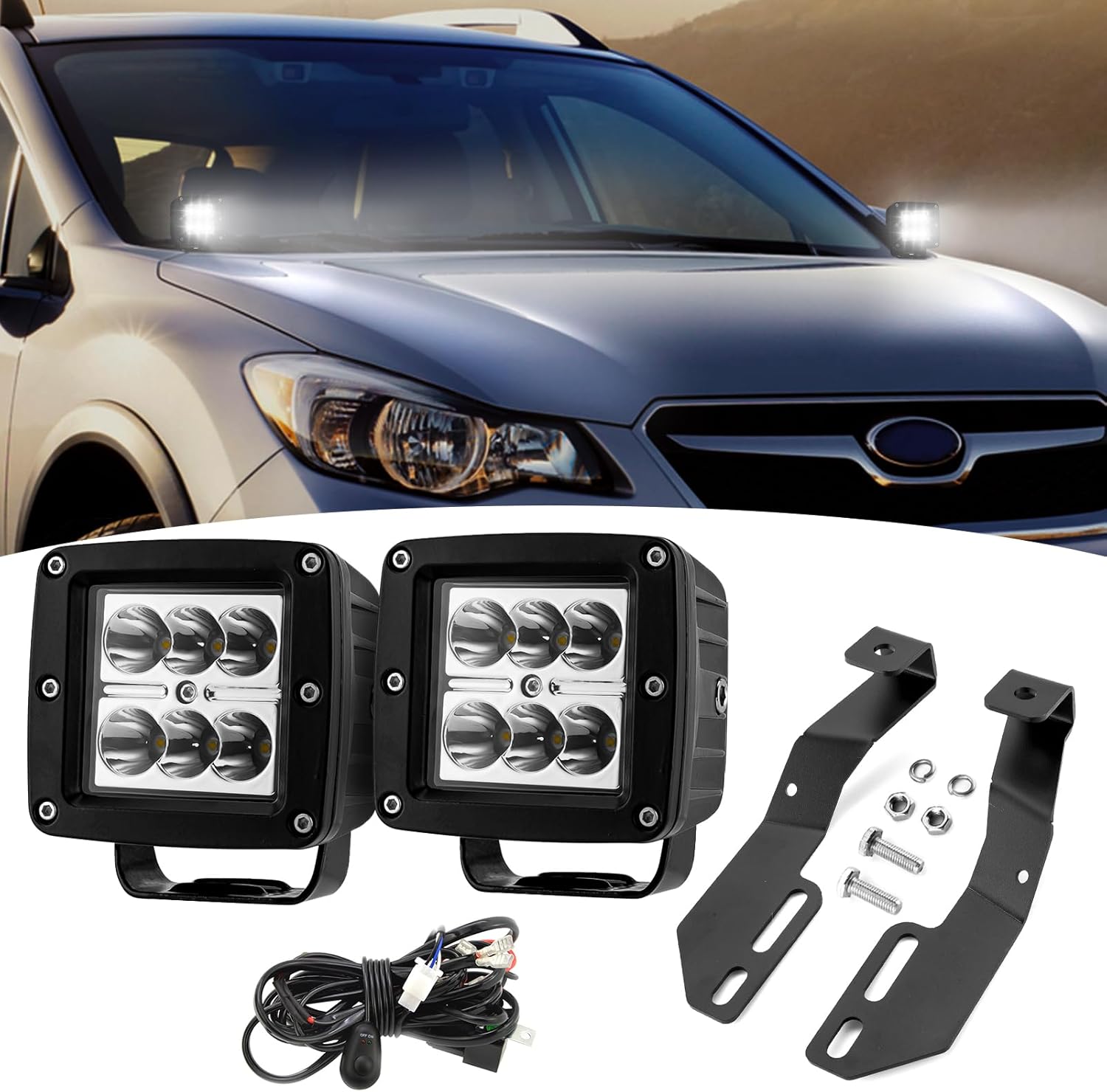 Wsays 2PCS LED Amber Light Pods & Ditch Hood Hinge LED Pod Mount Bracket w/Wiring Kit Compatible with Subaru CROSSTREK Impreza WRX & STI 2012-2020