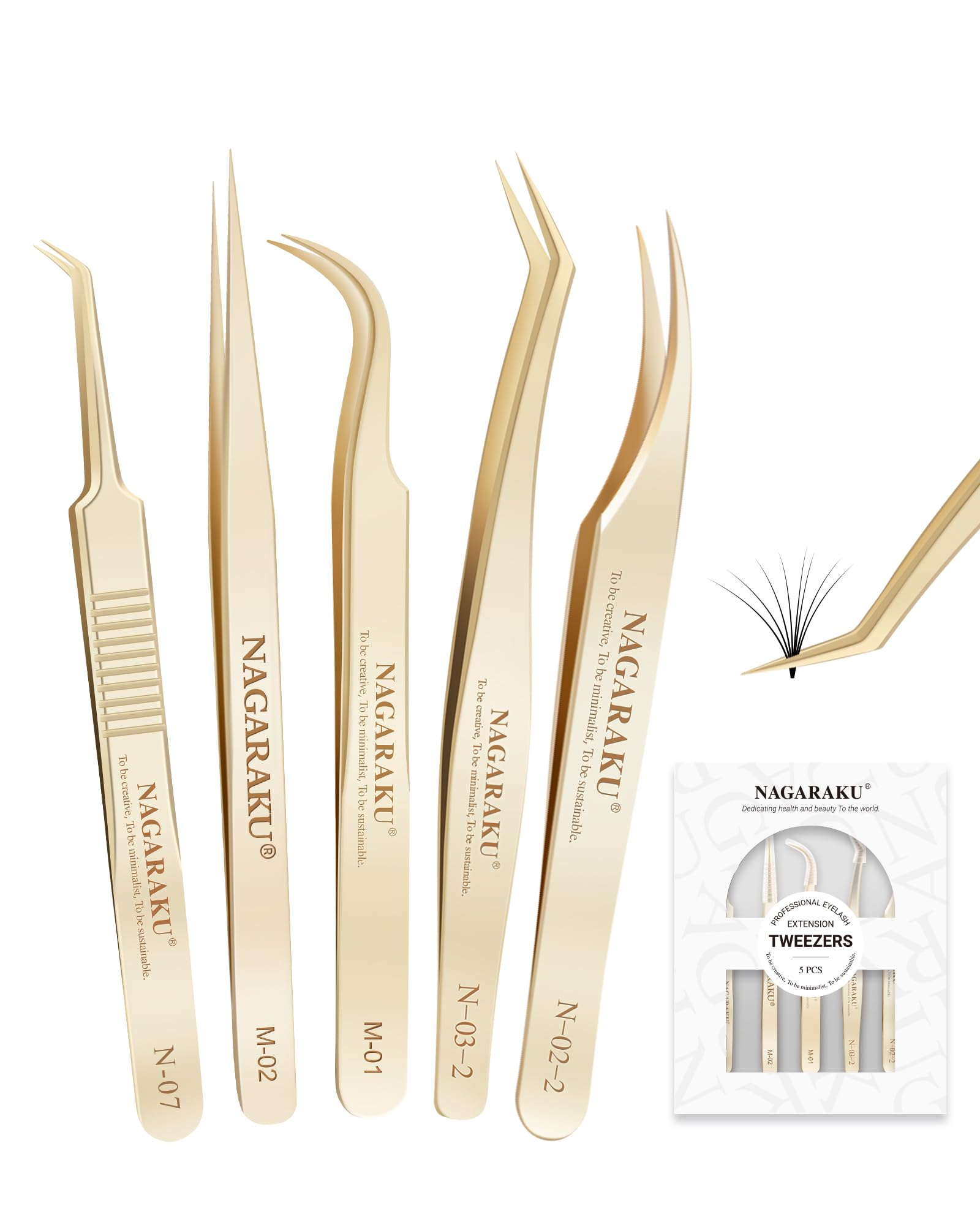 NAGARAKU 5 PCS Tweezers for Eyelash Extensions Straight and Curved Precision Professional Tweezer for Lash Extensions Volume Easy Fanning lash Precise Point with Storage Case Bag