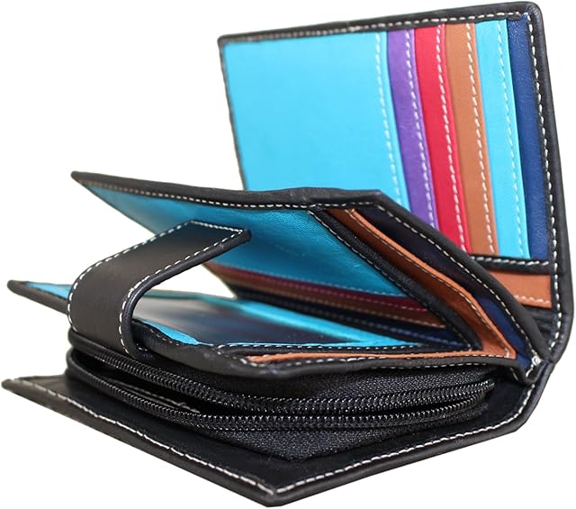 Rallegra Ladies Black Leather Purse, RFID Blocking, Holds 8 Cards, 3 Storage Pockets, Zip Coin Pocket, Multicoloured Interior