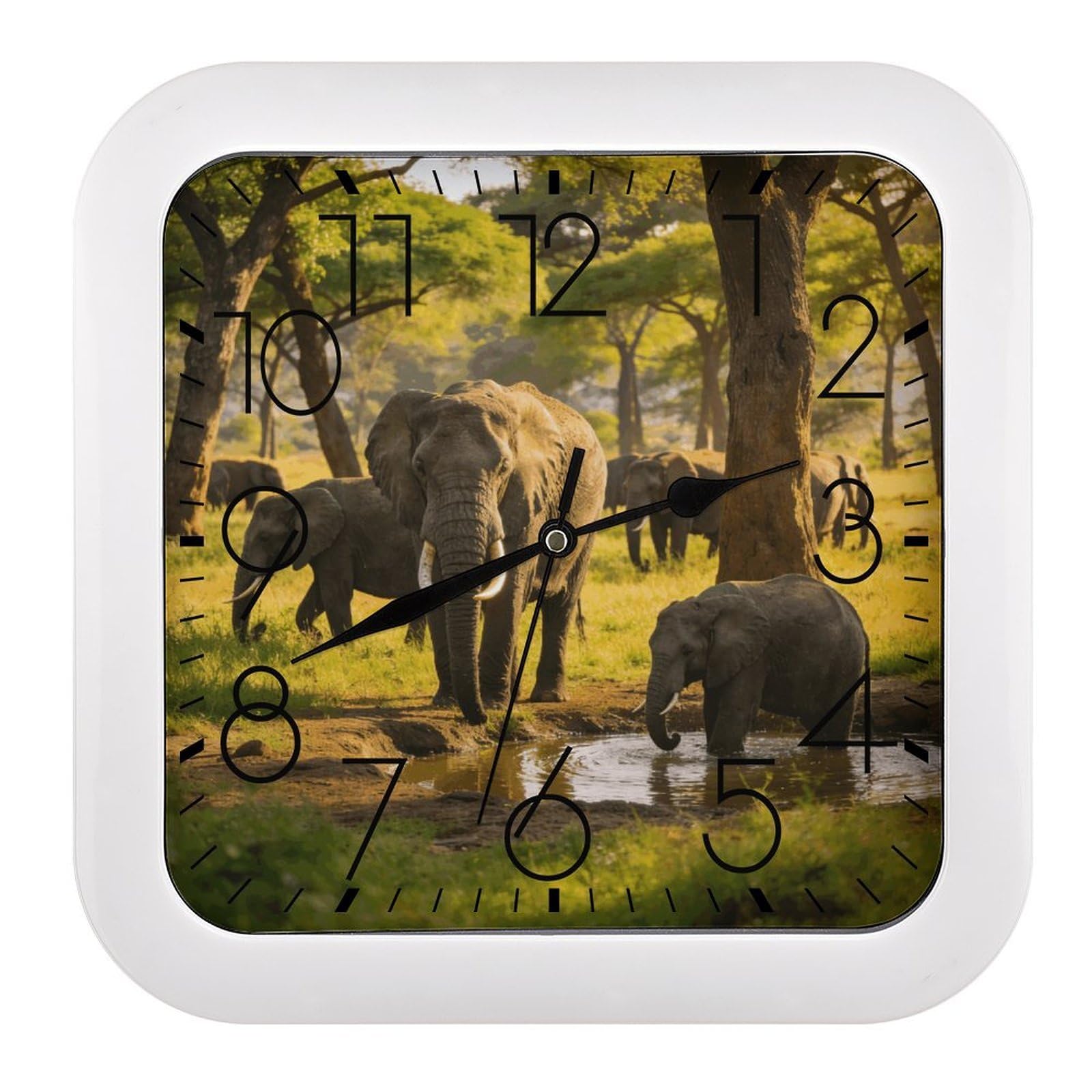 Fodpand Style Natural Trees And Elephants Wall Clock,Battery Operated Modern Retro Rounded Square Clock Clock For Bedroom Living Room Office Home Gym Porch Decor Indoor Outdoor 10.2 * 10.2In