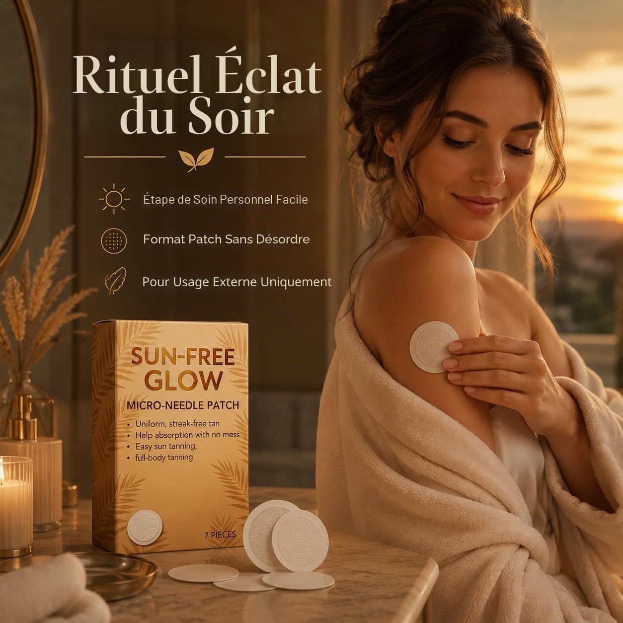 Sun Free Glow Lot de 7 patchs autobronzants pour homme et femme – Patchs de bronzage phosphorescents et micro-texturés sans désordre pour routine beauté quotidienne (boîtes/21 pièces)
