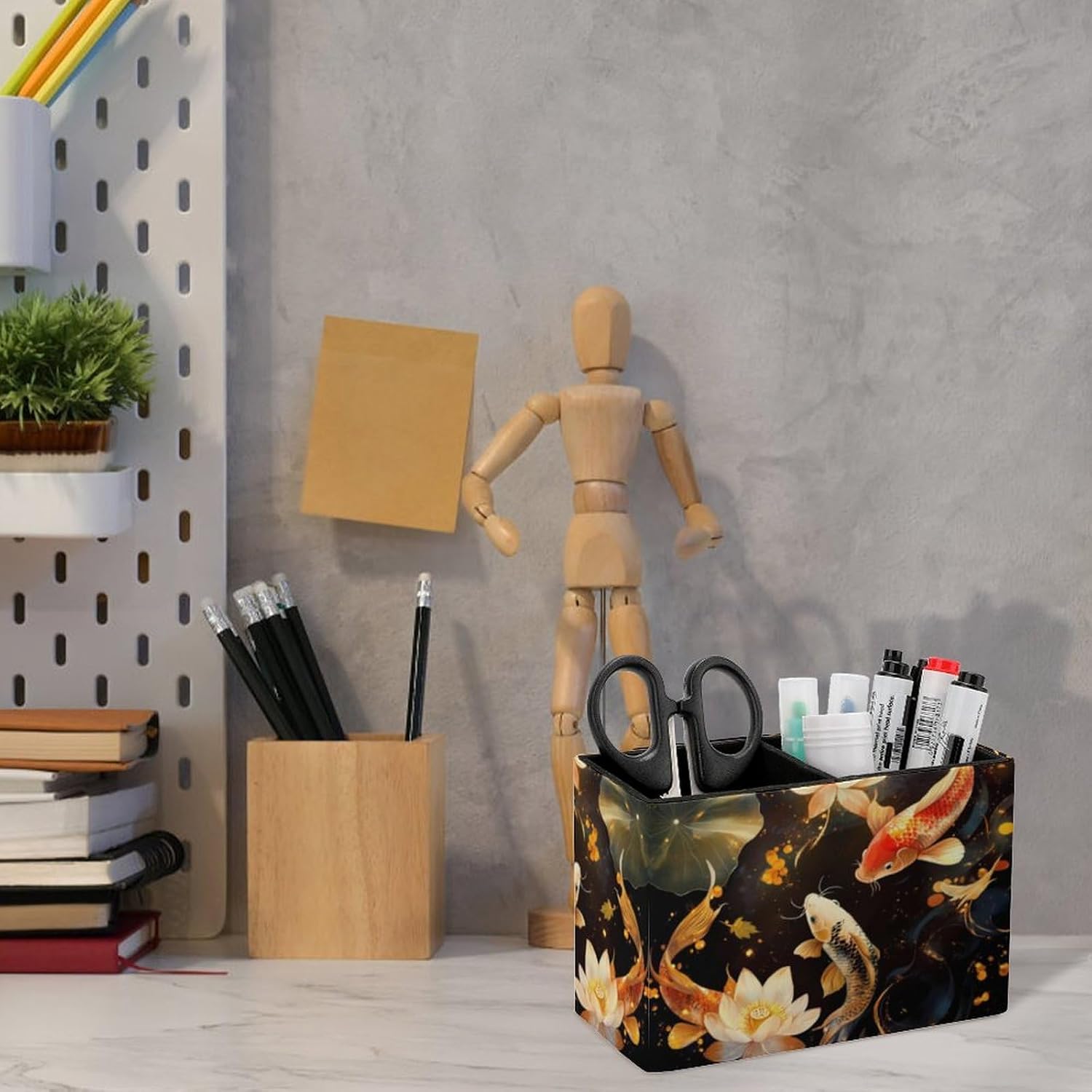 Japanese Fish in Lotues Pencil Pen Holder PU Leather Desk Storage Organizer Makeup Brush Box