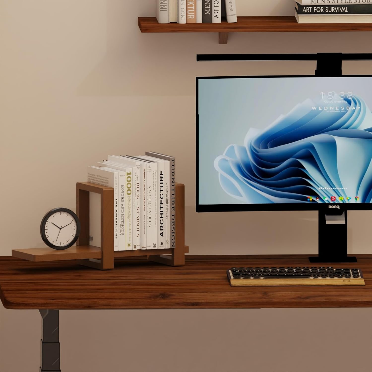 100% Solid Wood Adjustable Desktop Bookshelf, Retro Tabletop Bookshelf, Desk Shelf for Living Room, Home, Office, Perfect for Magazine, Books, Cookbooks, No Tools Required to Assemble (Walnut Brown)