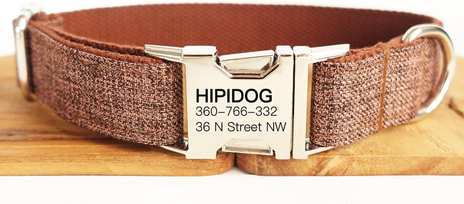 hipidog Personalized Dog Collar, Custom Engraving with Pet Name and Phone Number, Adjustable Tough Nylon ID Collar, Matching Leash Available Separately (Brown)