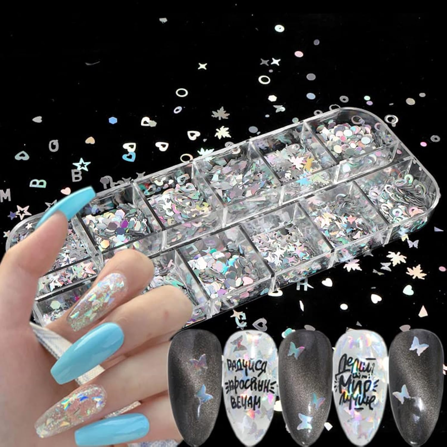 Vezocim Silver Glitter Nail Flakes Holographic 3D Glitters Sequins Decorations, Heart Circle Letters Butterfly Design Supplies DIY Sparkly Resin Nail