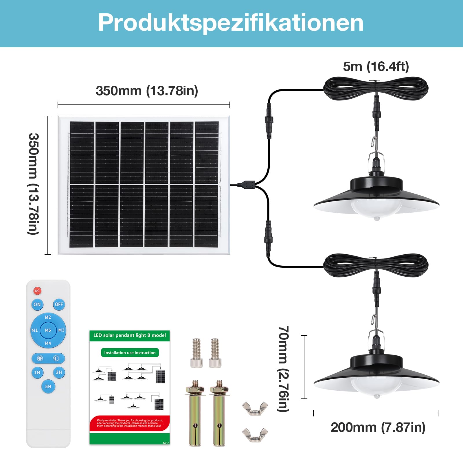 Lampada solare per esterni, con sensore di movimento, moderna, extra luminosità, lunga durata, 35 x 35 cm, 5 modalità, telecomando IP65, impermeabile, per giardino, terrazza, con cavo da 5 m