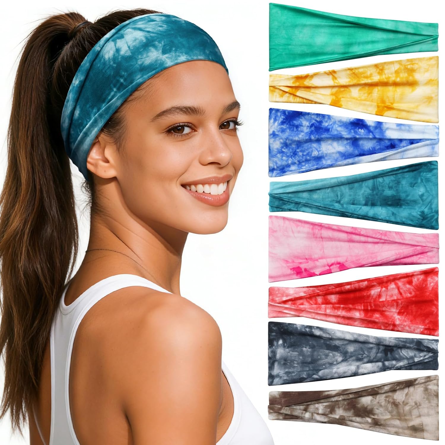 Headbands for Women 8 Pack Non-Slip Moisture Wicking Sports Wide Head Bands Stretchy Elastic Fabric Multiple Colors Securing