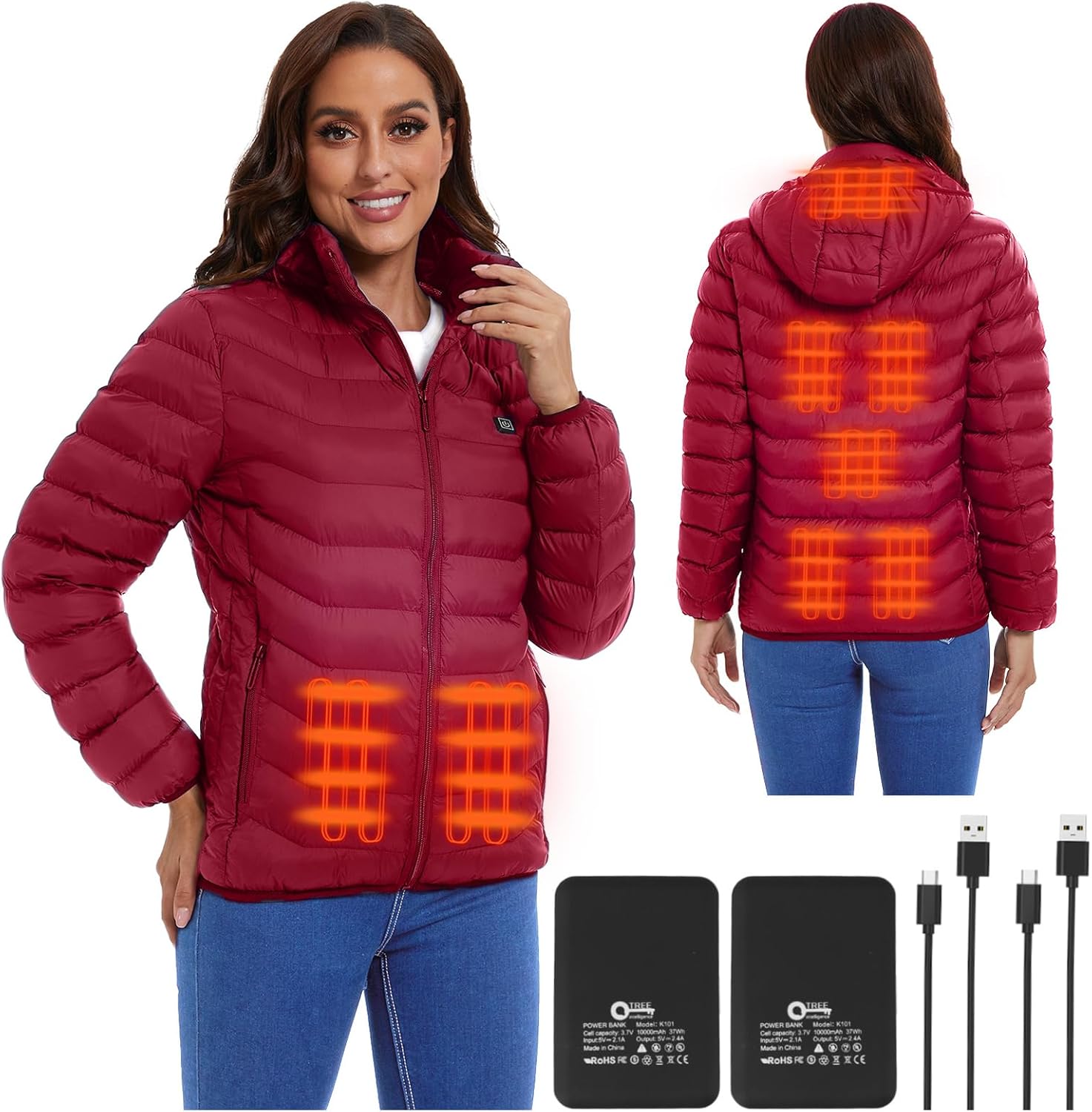 Women’s heated jacket with 2pack 10000mAh Battery Pack, QTREE Lightweight Heated Coat with 8 Areas Heating
