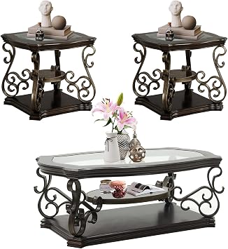 Henf 3 Piece Living Room Table Set, Retro Brown Coffee Table with 2 End Table, Coffee Table Set with Glass Top and Metal Frame for Home Office