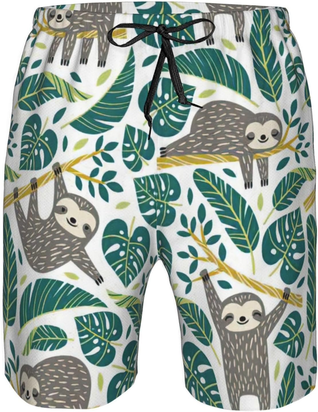 WURTON Adorable Sloth Print Men's Swim Trunks Quick Dry Beach Shorts with Pockets Lining Swimwear Bathing Shorts