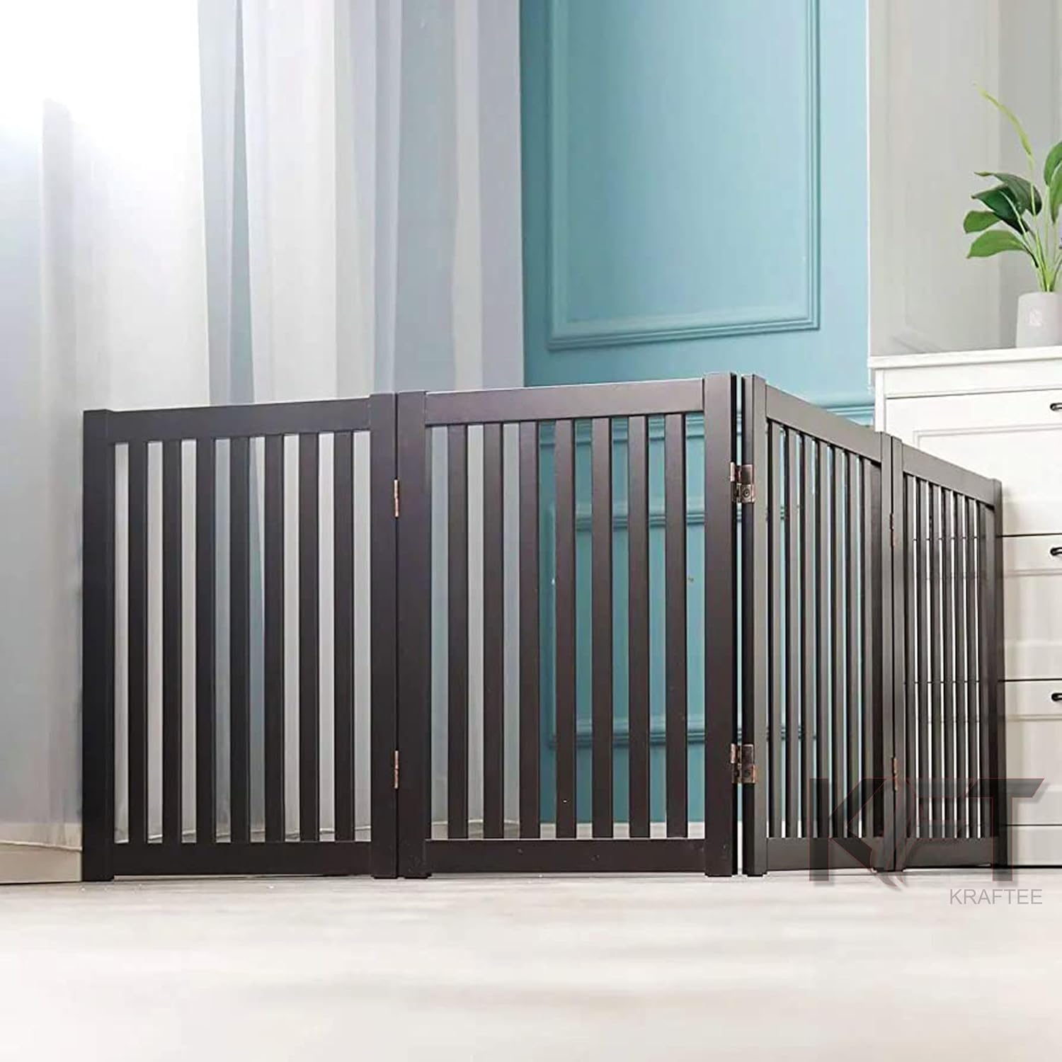 TreeTop Creation Foldable Pet Fence for Doorways and Stairs, Wooden Freestanding Foldable Safety Gate Perfect for Children and Dogs (Lining Design-Brown 4 Panel.)