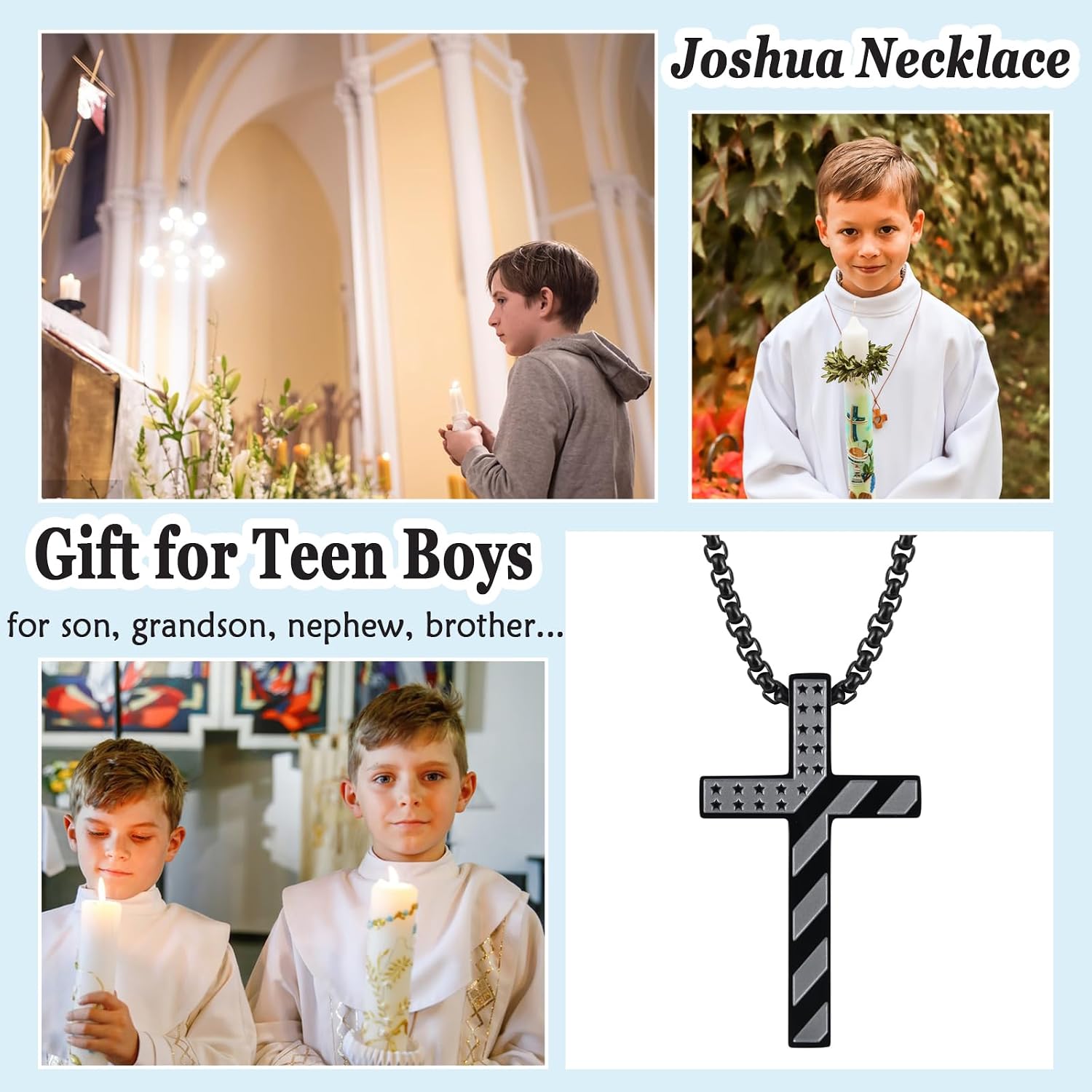 Teen Boys Gifts Cross Necklace Joshua 1 9 Christian Gifts Men Jewelry for Easter, Baptism, Birthday, Christmas