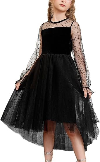 CHILDRENSTAR Girls Mesh Contrast Long Sleeve Velvet Dress Trendy High Low Party Dresses