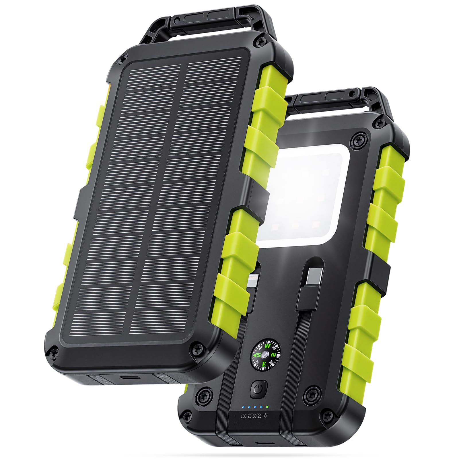 Powerbank solare da 10000 mAh, caricatore solare portatile, USB C, per esterni, impermeabile, batteria esterna con luce LED e 3 uscite per tablet, smartphone, esterni, campeggio, verde