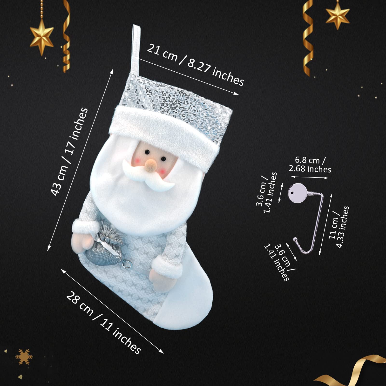 Weihnachtsstrumpf-Set mit 3 rutschfesten Haken, Weihnachtssocken, Geschenkbeutel, Süßigkeitenbeutel, großer Weihnachtsbaumschmuck, Rentier, Kamin zum Aufhängen (Silber & Weiß)