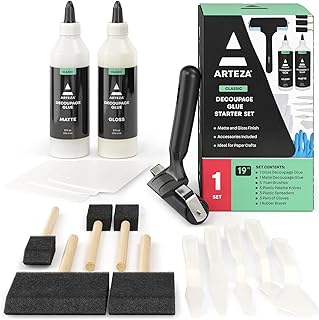 Arteza Decoupage Glue Craft Kit, 2 Glue Finishes (Gloss & Matte), 8-oz Bottles, Foam Brushes, Plastic Spreader Tools, Gloves, Art Supplies for Paper Crafting, Scrapbooking & Decorating
