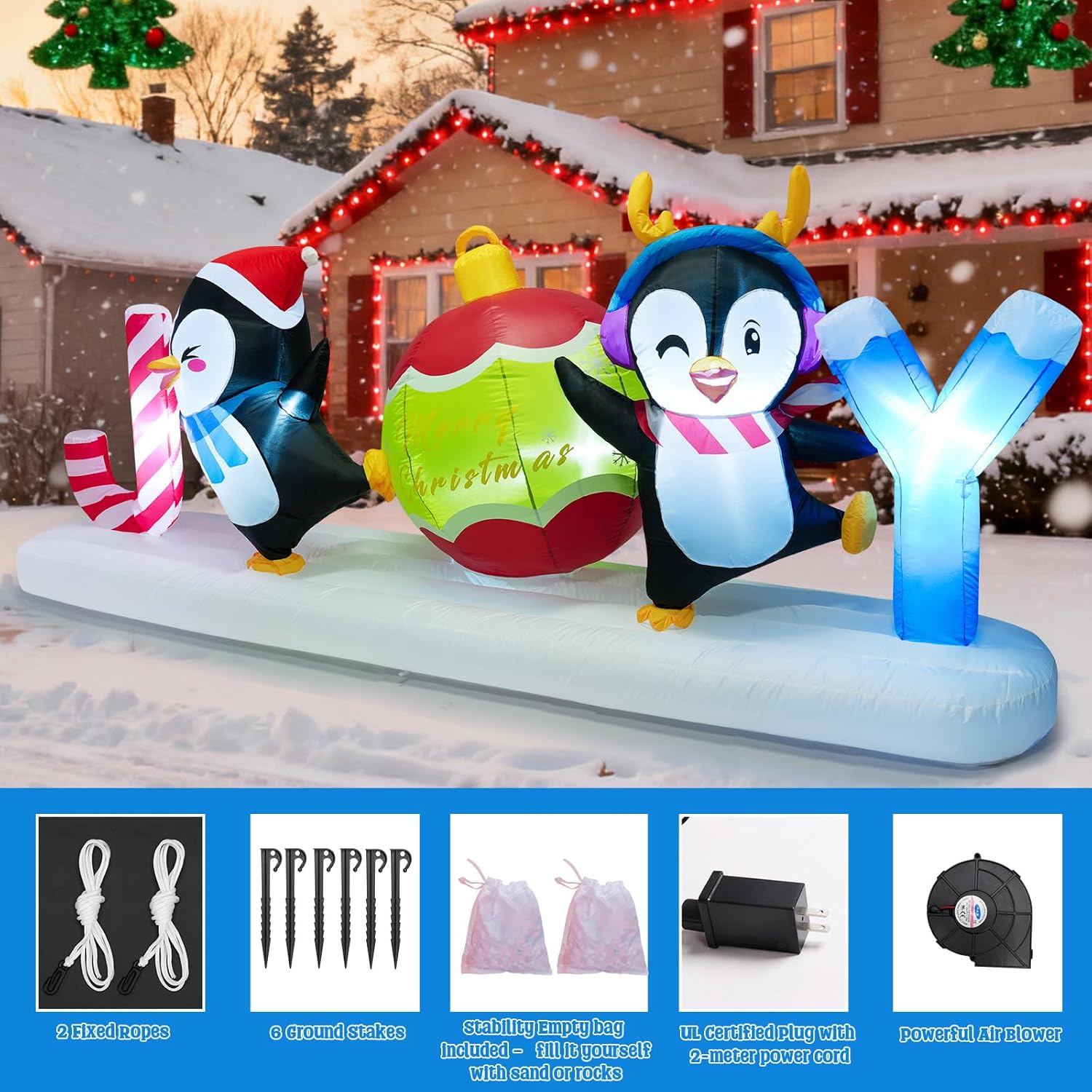 Meland 10FT Christmas Inflatable Outdoor Decorations, Christmas Blow Up Joy with Dancing Penguins & Candy Cane,Lighted Outdoor Yard Inflatable Cute Xmas Decor for Holiday Lawn Display