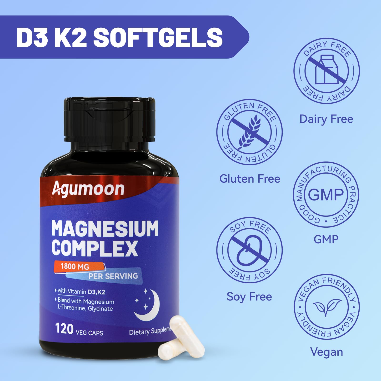 Magnesium Supplement with Vitamin D3 K2, Vegan - 120 Capsules — Amazon image 6