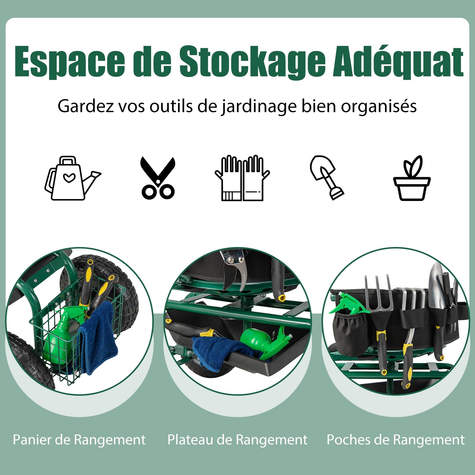 GOPLUS Siège de Jardin Roulant, 2 Poignées de Direction, Tabouret de Jardinage Roulant avec Siège Pivotant 360°& Hauteur Réglable(42 à 52cm), Extérieur, Vert