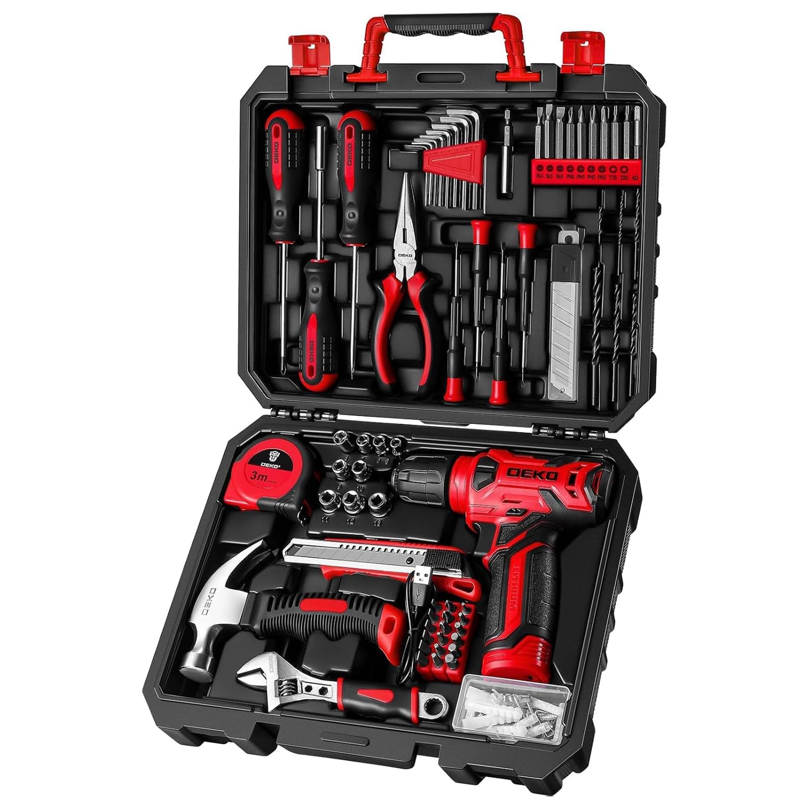 DEKO Caja Herramientas Completa con Destornillador Electrico/Taladro con bateria de 8V, Maletin de 126 Piezas, Caja profesional de herramientas Domésticas de Bricolaje para Oficinas y Jardín,Rojo