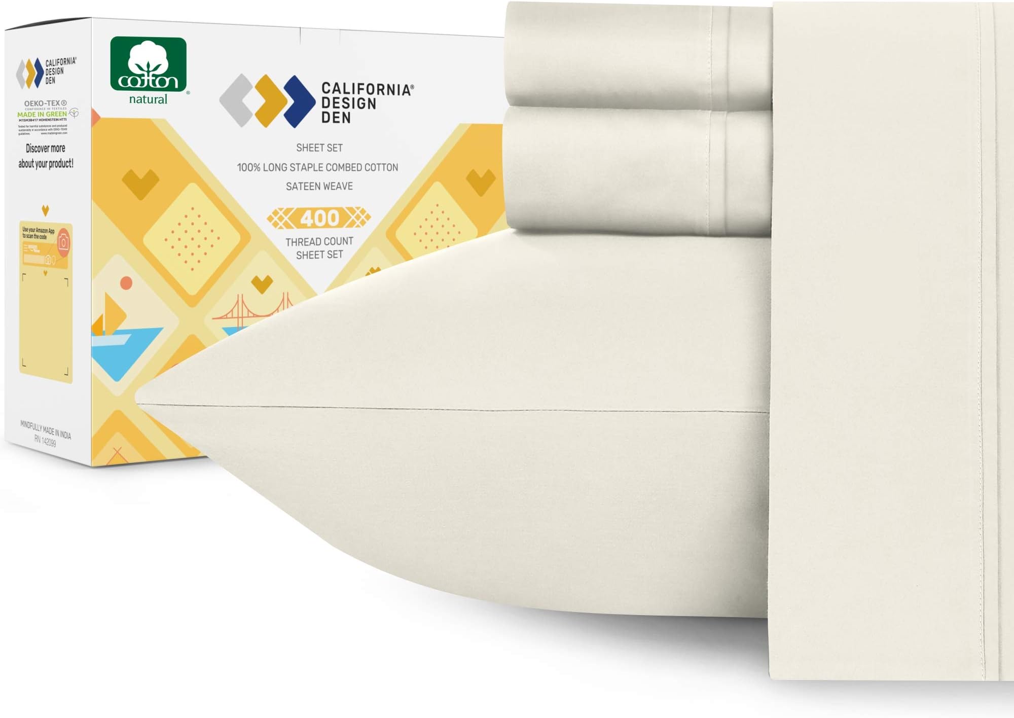 California Design Den 100% Cotton Sheets - Softest 4-Pc Queen Sheet Set, Cooling Sheets for Queen Size Bed, Deep Pockets, 400 Thread Count Sateen, Bedding Sheets & Pillowcases, Queen Sheets (Ivory)
