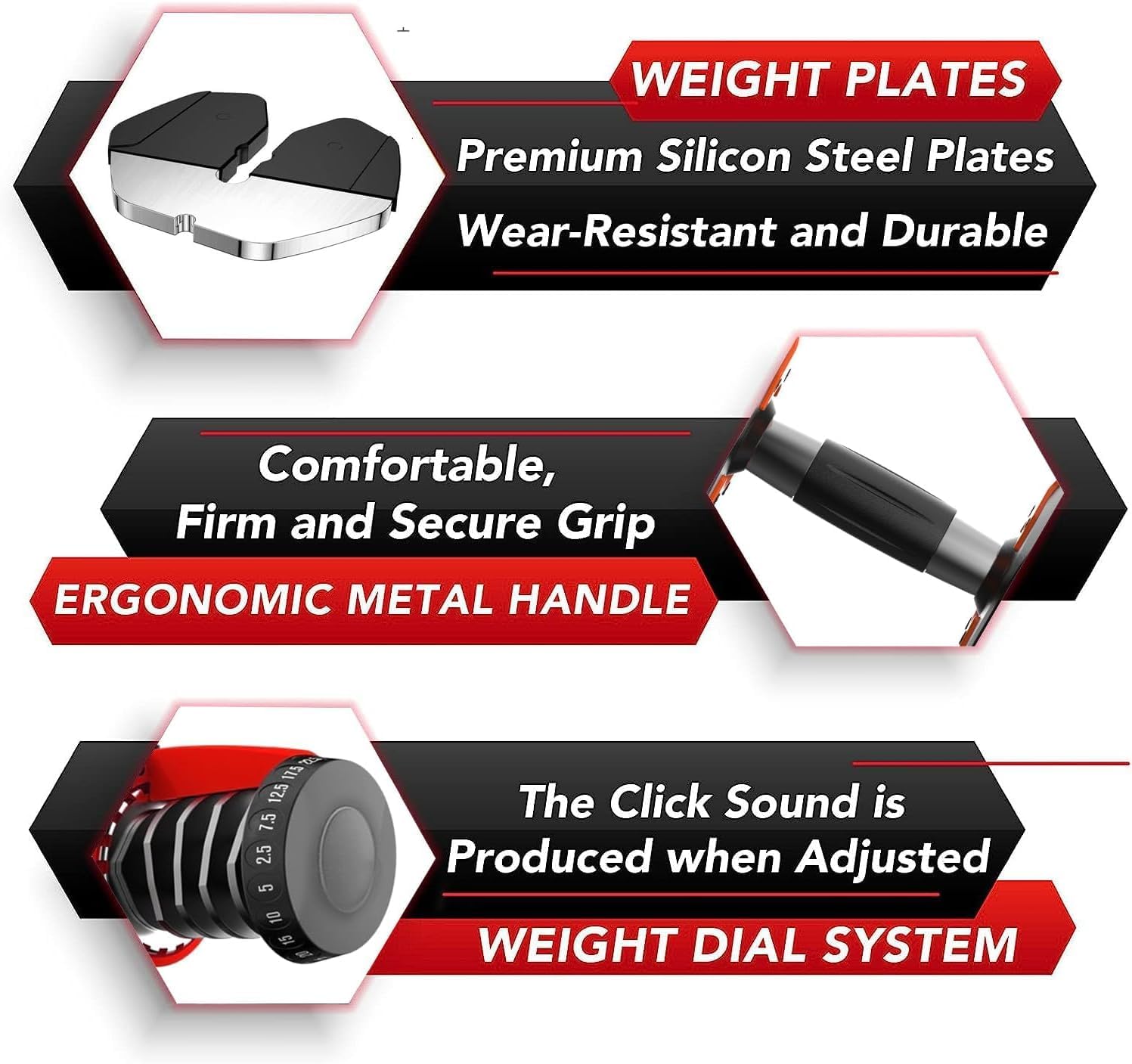 Diagram showing the internal components of the HAKENO adjustable dumbbell, including premium silicon steel plates, an ergonomic metal handle, and the weight dial system with a click sound feature.