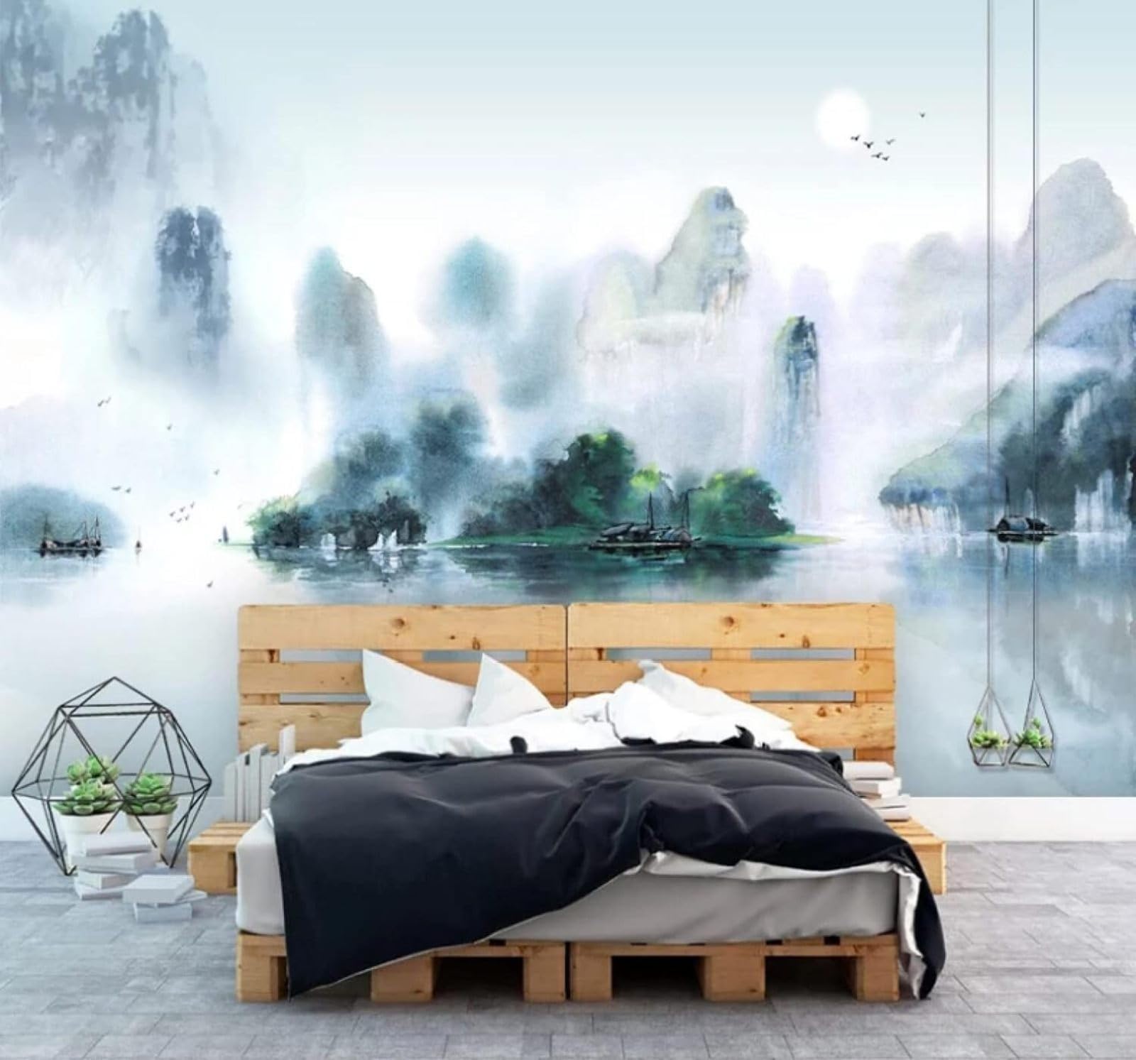 Xlming 150Cm×105Cm(B×H) Hand Painted Ink Wash Landscape Scenery Artistic Atmosphere 3D Wallpaper Luxury Home Dining Decor Paste Sofa Living Room The Wall For Bedroom Mural-150Cm×105Cm