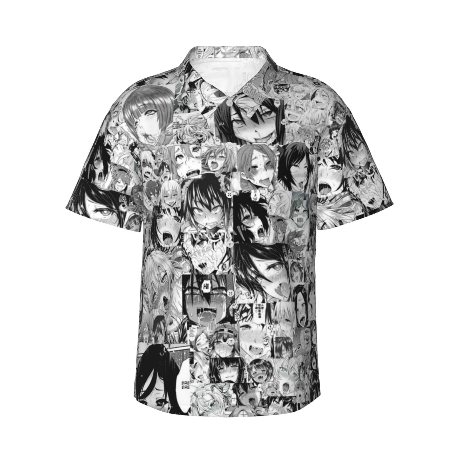 ZORIN Mens Hawaiian Button Shirt Ahegao O-Face Summer Tropical Holiday Beach Party Funky Top M Black