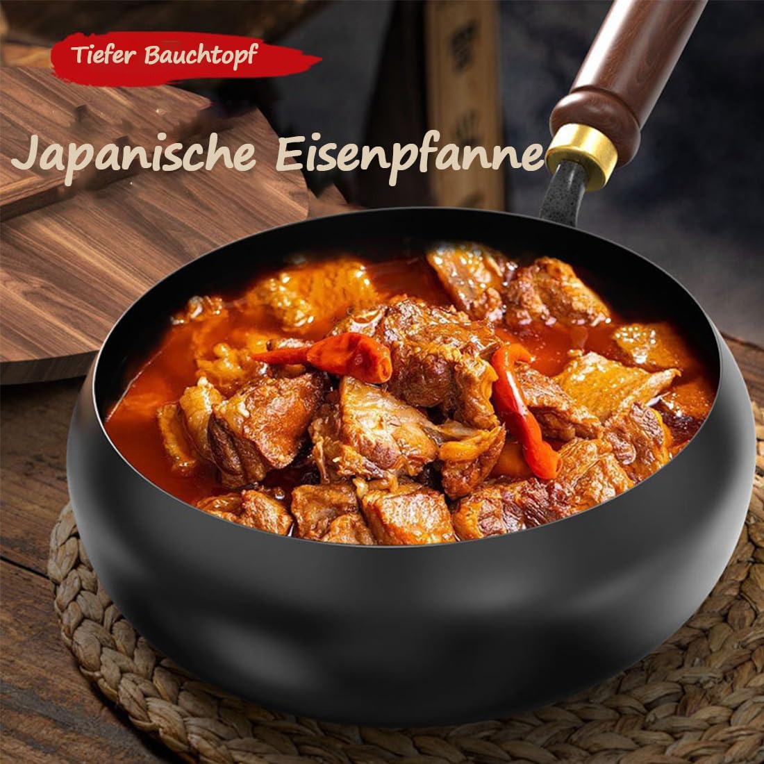 Japanische Eisenpfanne, Eisenpfanne Ohne Beschichtung, 24/26/28cm Biennll Eisenpfanne, Japanische Eisenpfanne Mit Holzdeckel füR Gasherd Und Induktionsherd (28cm)