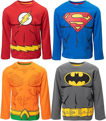 DC Comics Paquete de 4 camisetas de manga larga de la Liga de la Justicia Aquaman Batman Superman The Flash para niños pequeños a grandes