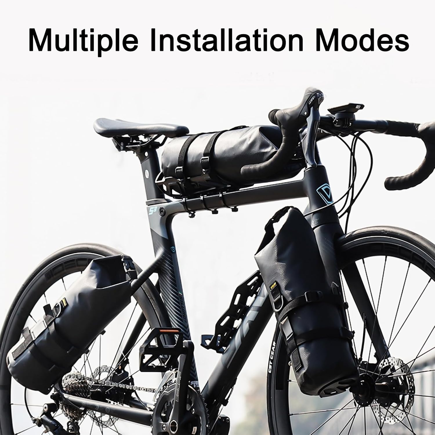 ENLEE 2packs Front Bike Fork Bag with Multipurpose Cage, 5L Waterproof Dry Bike Bags for Bicycles, Lightweight Portable Roll Top Design Bike Packing Fork Bags, Suitable for Fat Frame Mountain Bikes