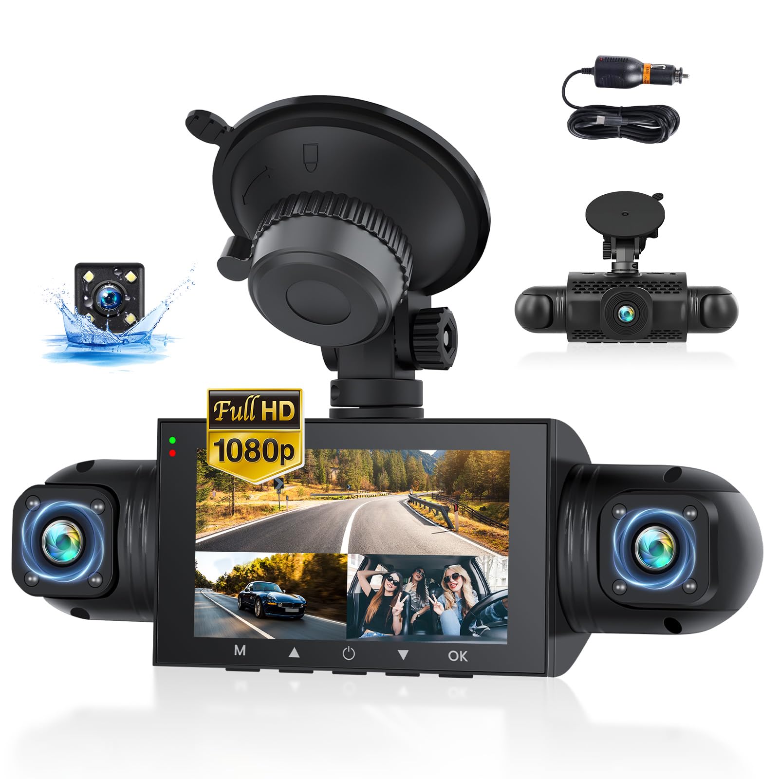360 Degree View 4 Channel Dash Cam for Cars,Dash Cam Car Camera Front and Rear Inside Left Right for Cars,3 inch Dashcams with IR Night Vision,Loop Recording,G-Sensor