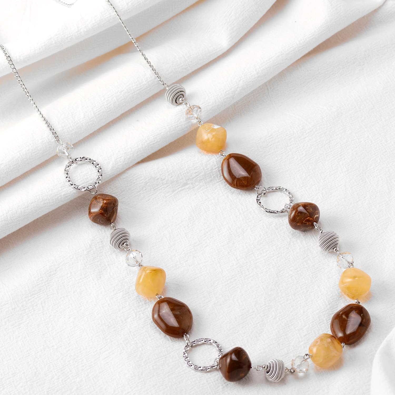 BULINLIN Beaded Long Silver Necklaces for Women Handmade Statement Sweater Chain Necklace with Crystal Beads for Fashion Jewelry gifts(Beige and coffee) - Image 5