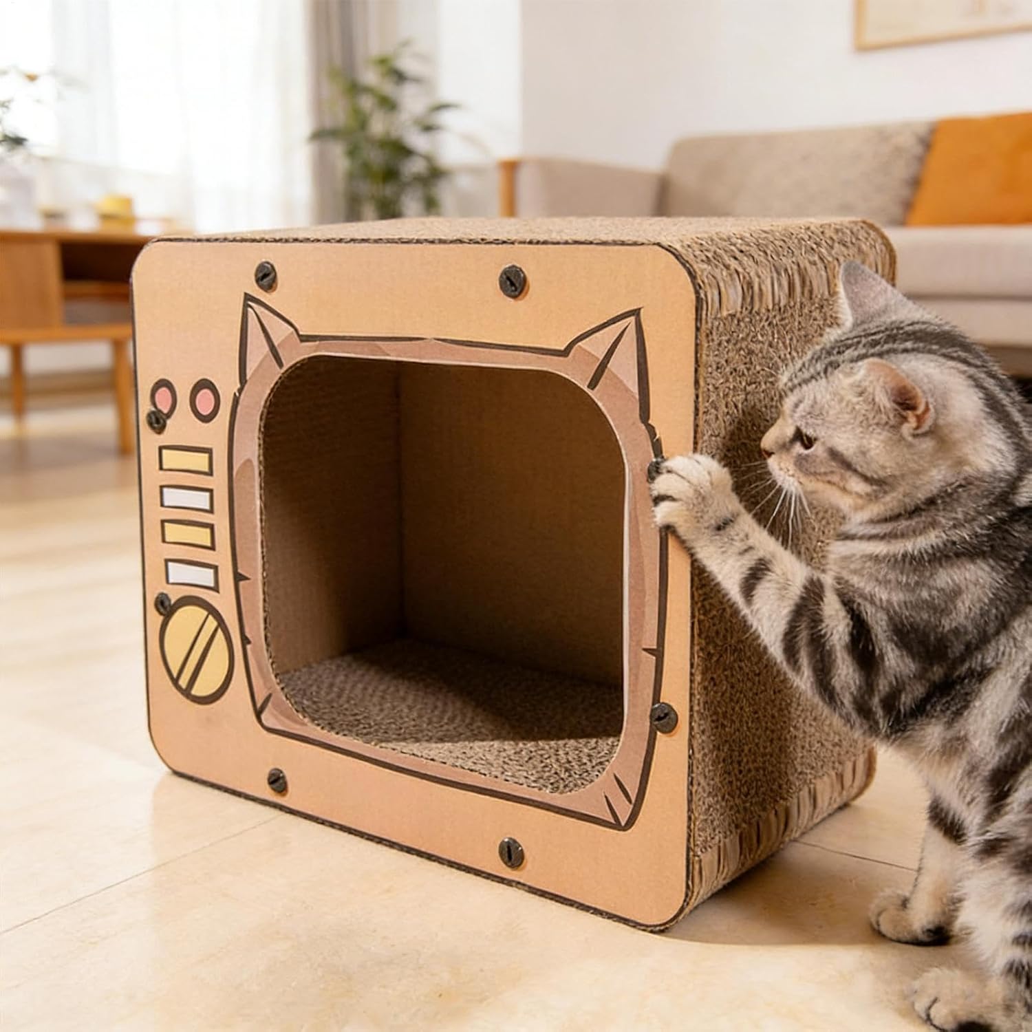 Scratcher Cardboard House, 40x22x31cm Corrugated Cat, 1200g Indoor Shelter for Cats Under 5kg, Home, Living Room, Playroom, Bedroom, Pet Cage