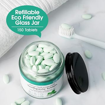 Toothpaste Tablets, Natural Peppermint Chewable Toothpaste Tabs, Fluoride Free, Travel Friendly Fresh Breath Cleansing, 150 Tablets