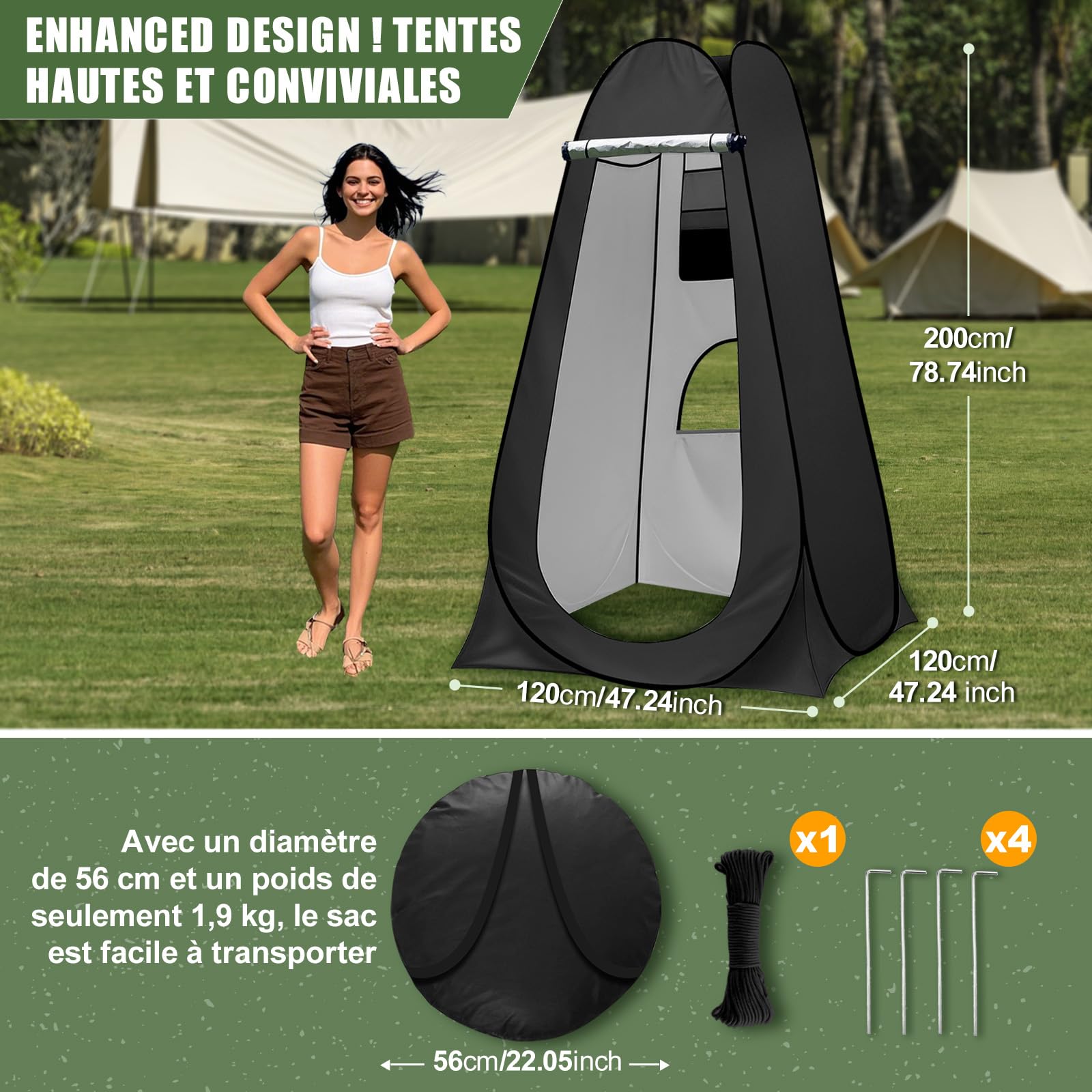 Charmofun Tente de Douche Pop Up, Cabine de Douche Camping Anti-UV, Tente de Toilette Portable avec Sac de Transport pour Plage Pêche Randonnée L'extérieur