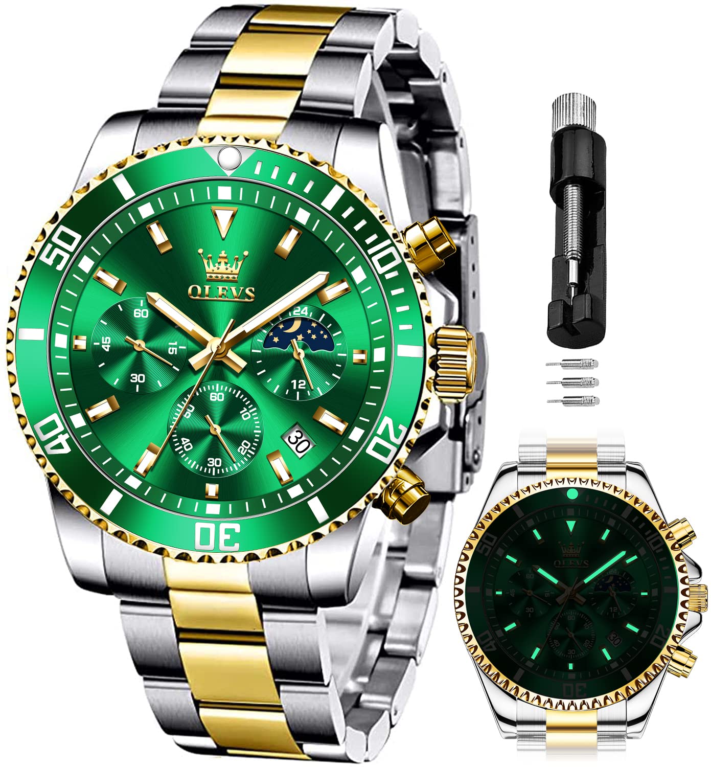 OLEVS Mens Watches Minimalist Ultra Thin Fashion Casual Analog Quartz Date Watch Waterproof Slim Simple Big Face Dress Wrist Watch with Retro Leather Band for Men two tone green