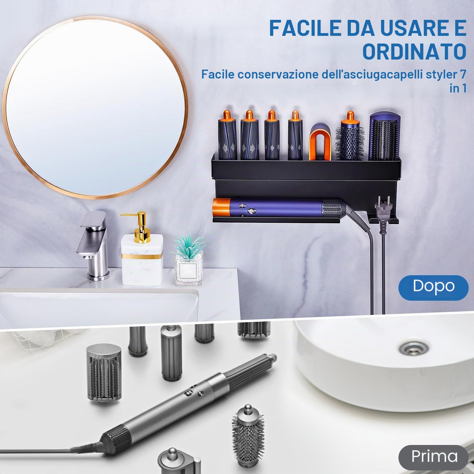 Supporto Phon Da Parete, Lo Stent Asciugacapelli È Adatto Per Gli Accessori Styler Curling Device, Supporto Autoadesivo Per Asciugacapelli, Porta Phon Bagno (Nero)