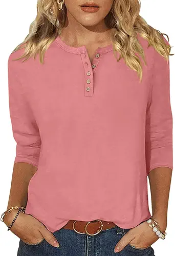 Womens 3/4 Sleeve Tops Henley Shirts Casual Trendy Button T Shirts 2026 Summer Basic Tunic