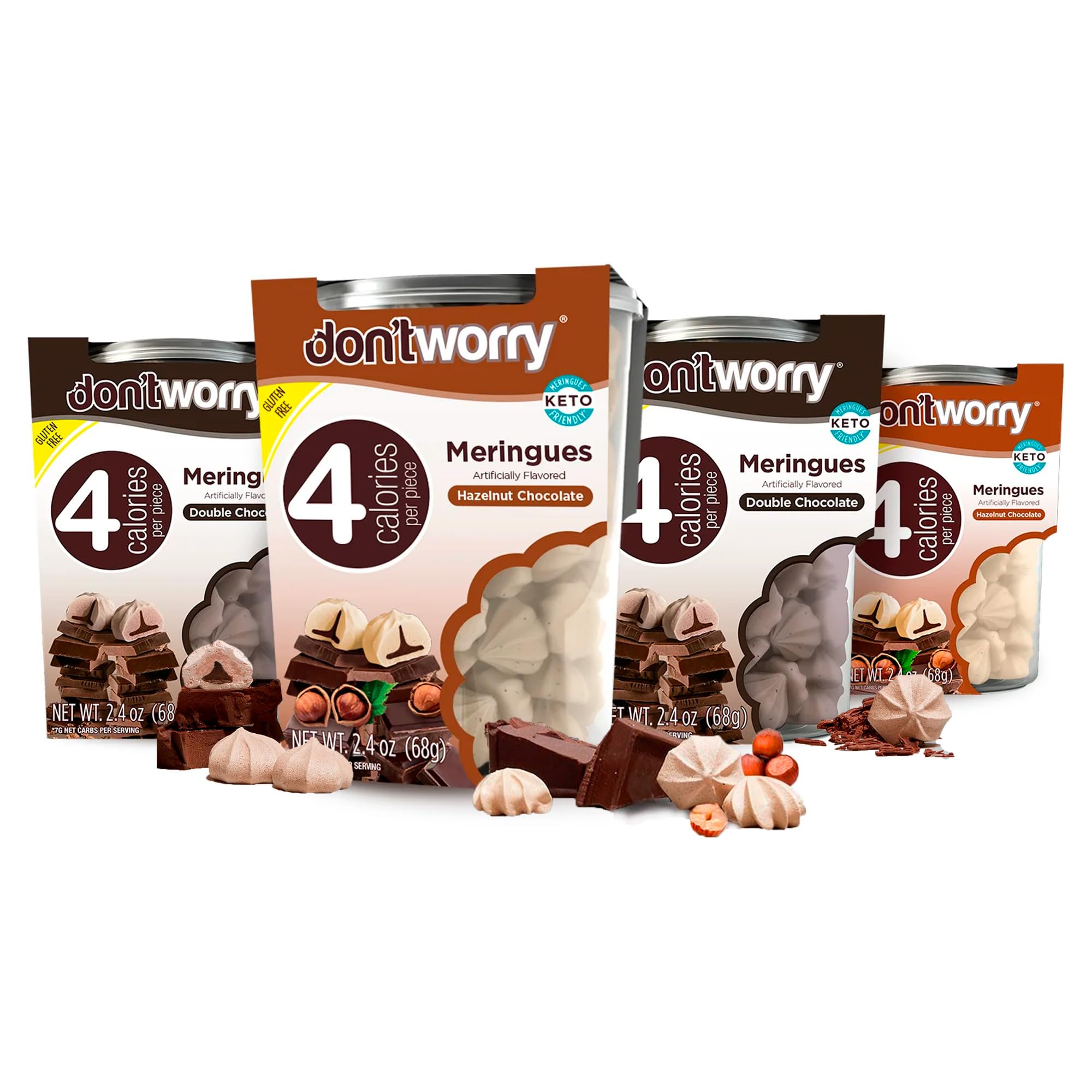 Don't Worry Low Calorie Meringue Cookies - 4 Pack - Hazelnut & Chocolate | Chocolate Filled Center | Only 4 Calories per Piece, Low Sugar, Gluten Free, Keto Friendly and Healthy Snacks for Adults